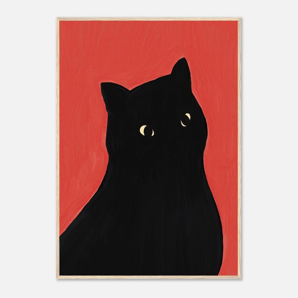 Painting of a black cat with light-colored eyes against a red background.