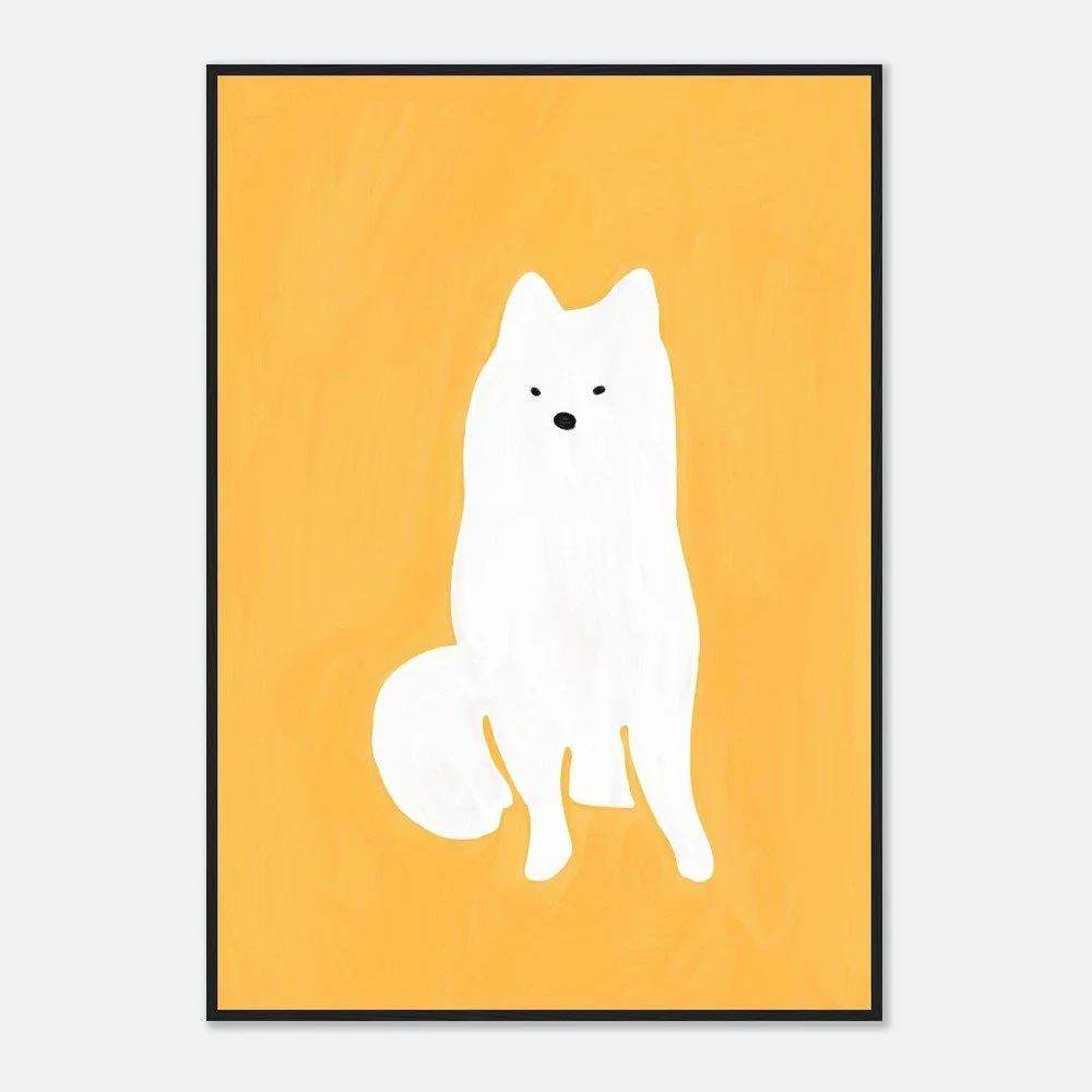 A minimalistic illustration of a white dog resembling a fluffy breed, set against an orange background, inside a black frame.