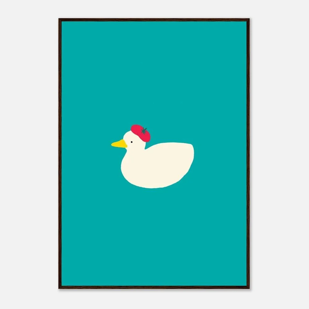 A framed illustration of a white duck wearing a red hat with a tomato on top, set against a teal background.
