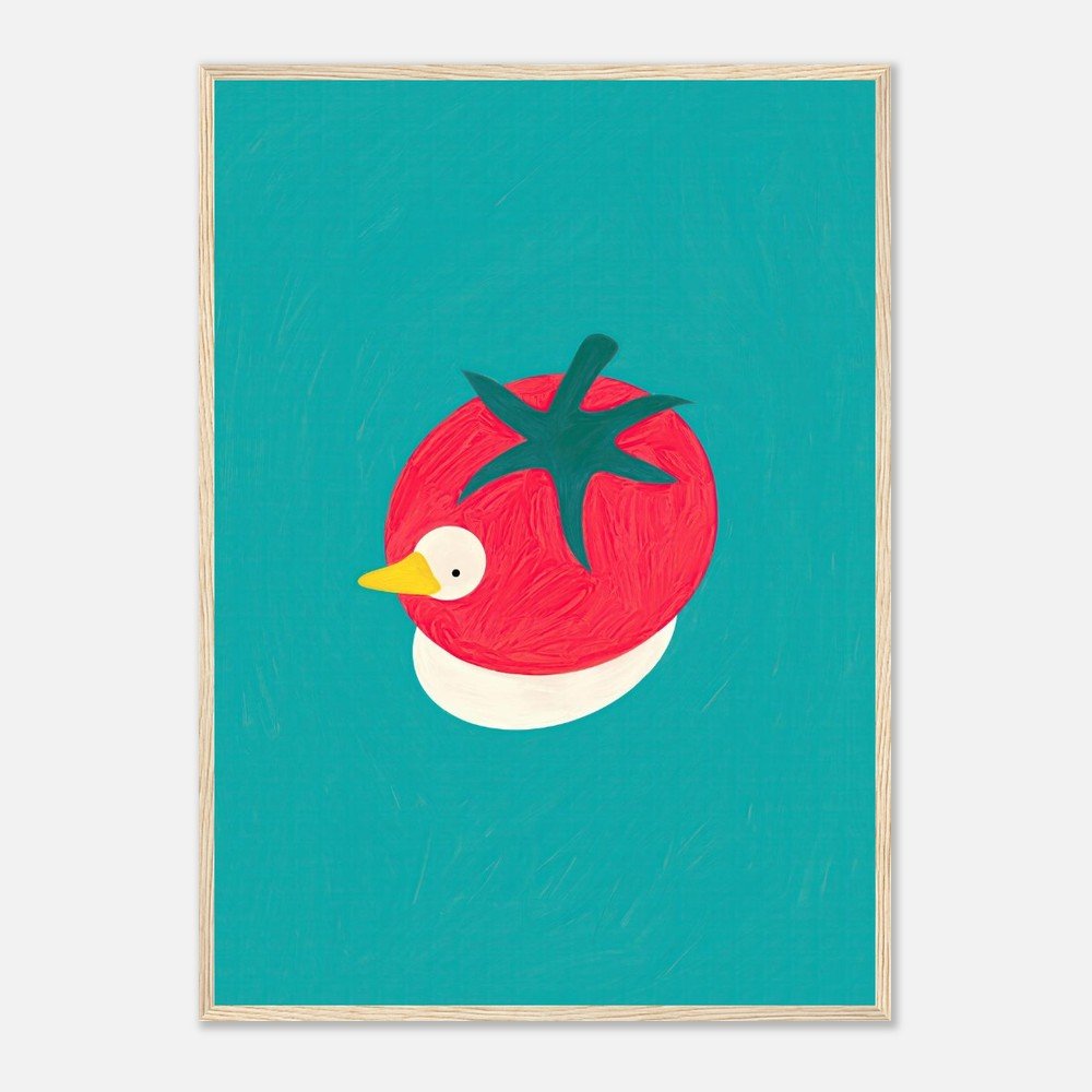 A colorful painting of a tomato with a duck's head and a yellow beak on a teal background.