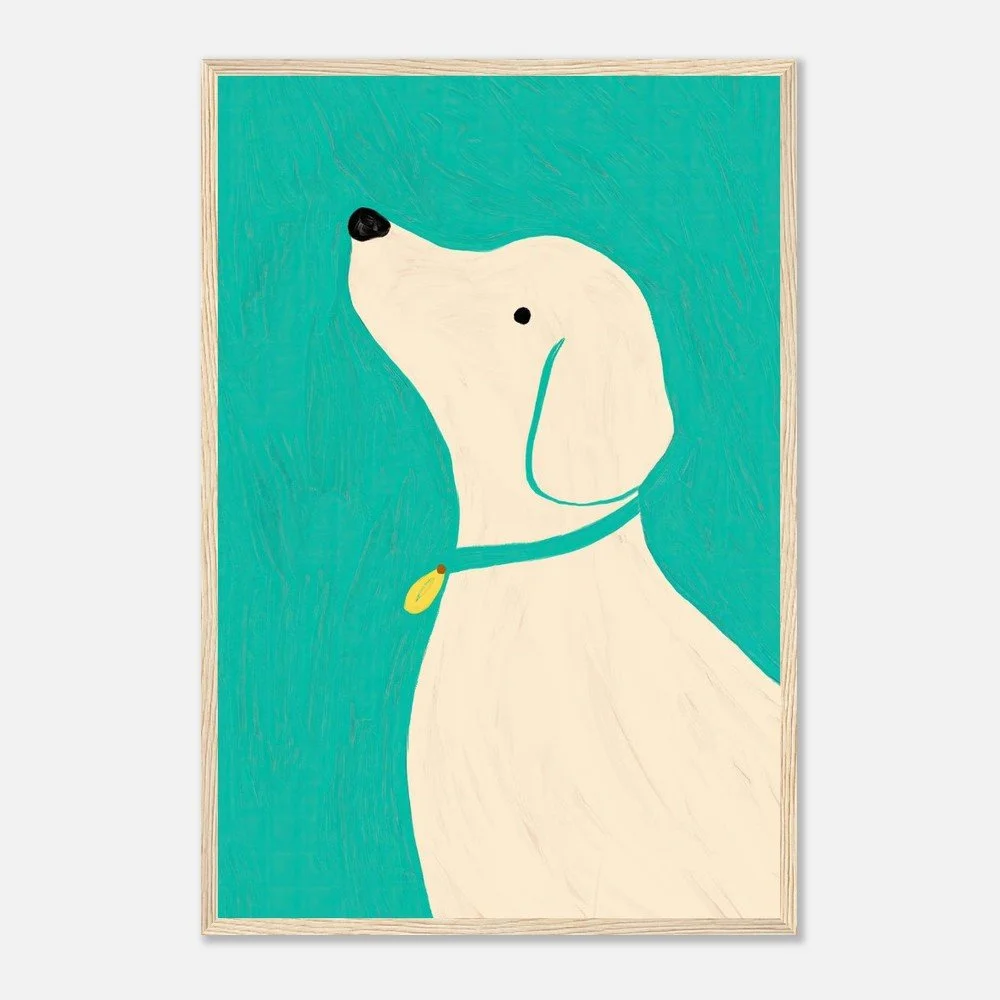 A framed painting of a white dog with a black nose and a simple face, set against a teal background. The dog is wearing a teal collar with a yellow tag.