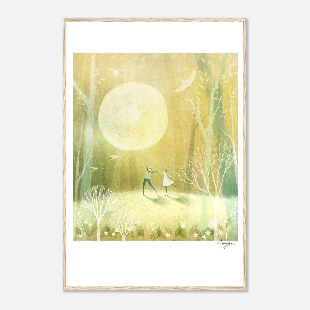 A watercolor-style art print depicting a nature scene with two people dancing under a large glowing moon in a forest with trees and birds.
