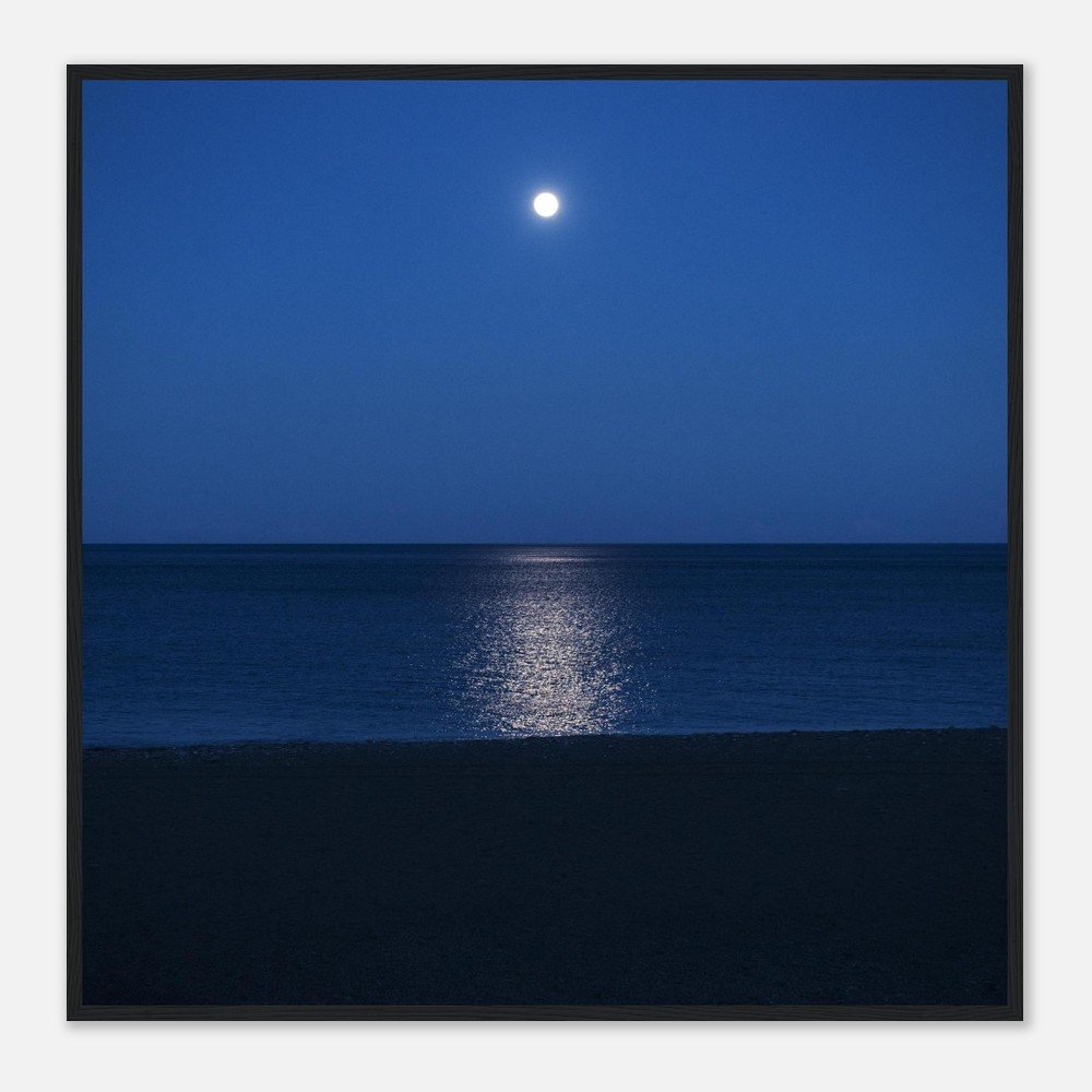 A framed photograph of a moonlit ocean scene, with the full moon shining bright in a clear night sky and its reflection shimmering on the water's surface.