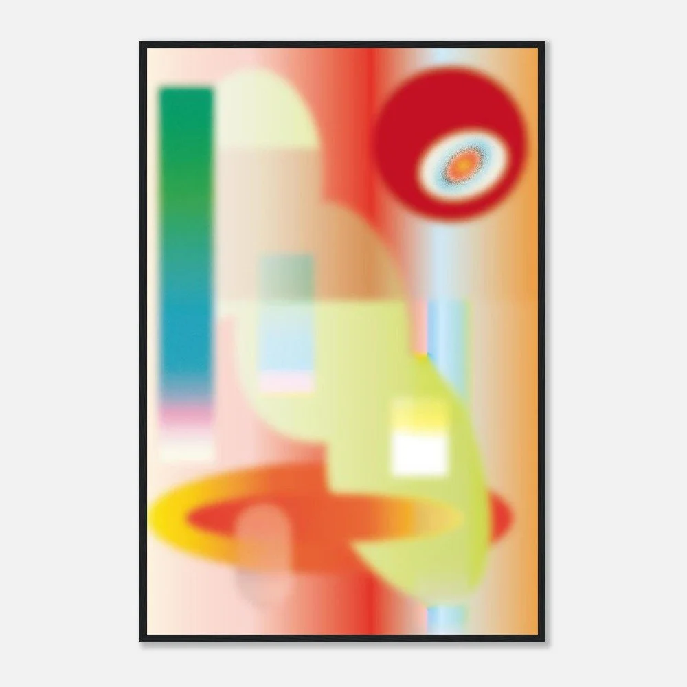 Contemporary abstract composition by Yukako Kato combining circular and rectangular shapes in warm reds, greens, and yellows with a smooth, digital-like finish.