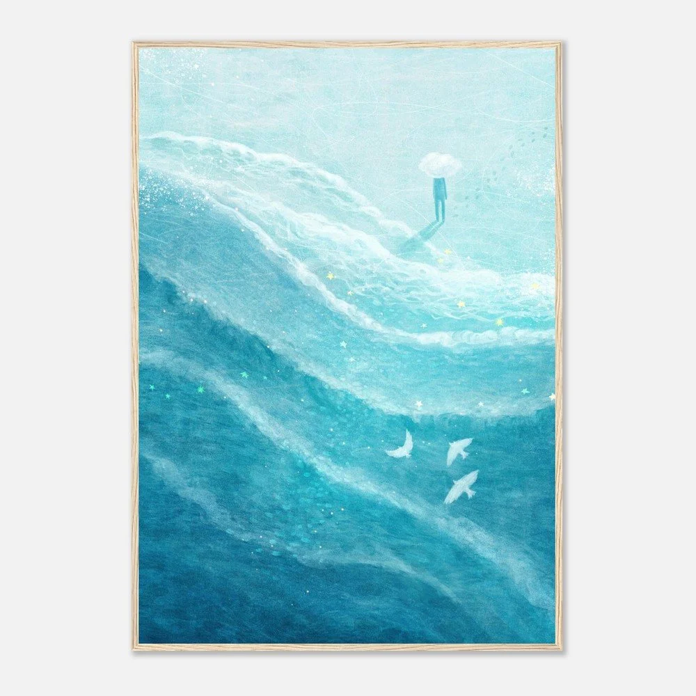 A tranquil ocean-themed illustration by Manting, depicting layered blue waves and floating elements, ideal for creating a peaceful and modern wall display.