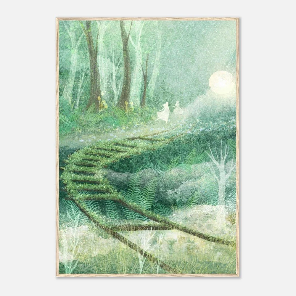 A serene forest landscape illustration by Manting, featuring soft green tones, misty trees, and a gentle path that brings a calm, nature-inspired atmosphere to interior spaces.