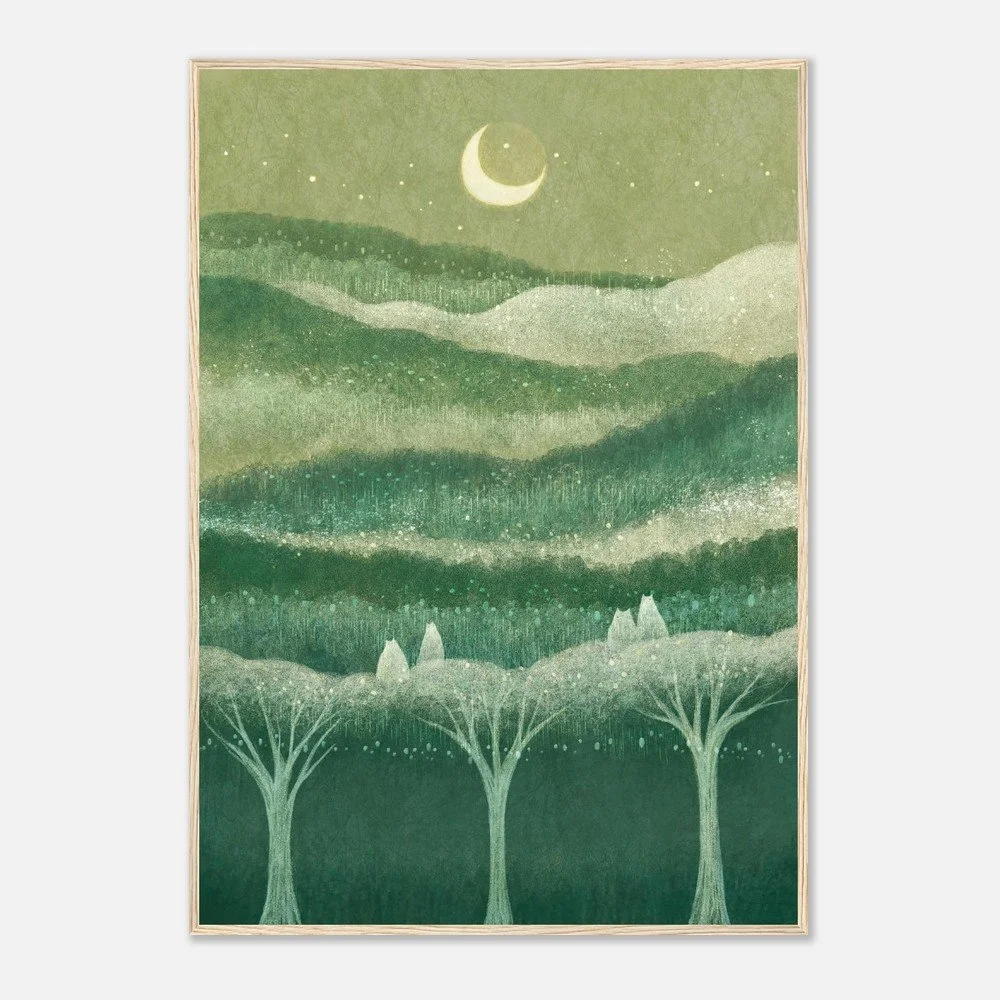 A minimalist night landscape by Manting, featuring rolling green hills and a crescent moon in soft, muted colors.