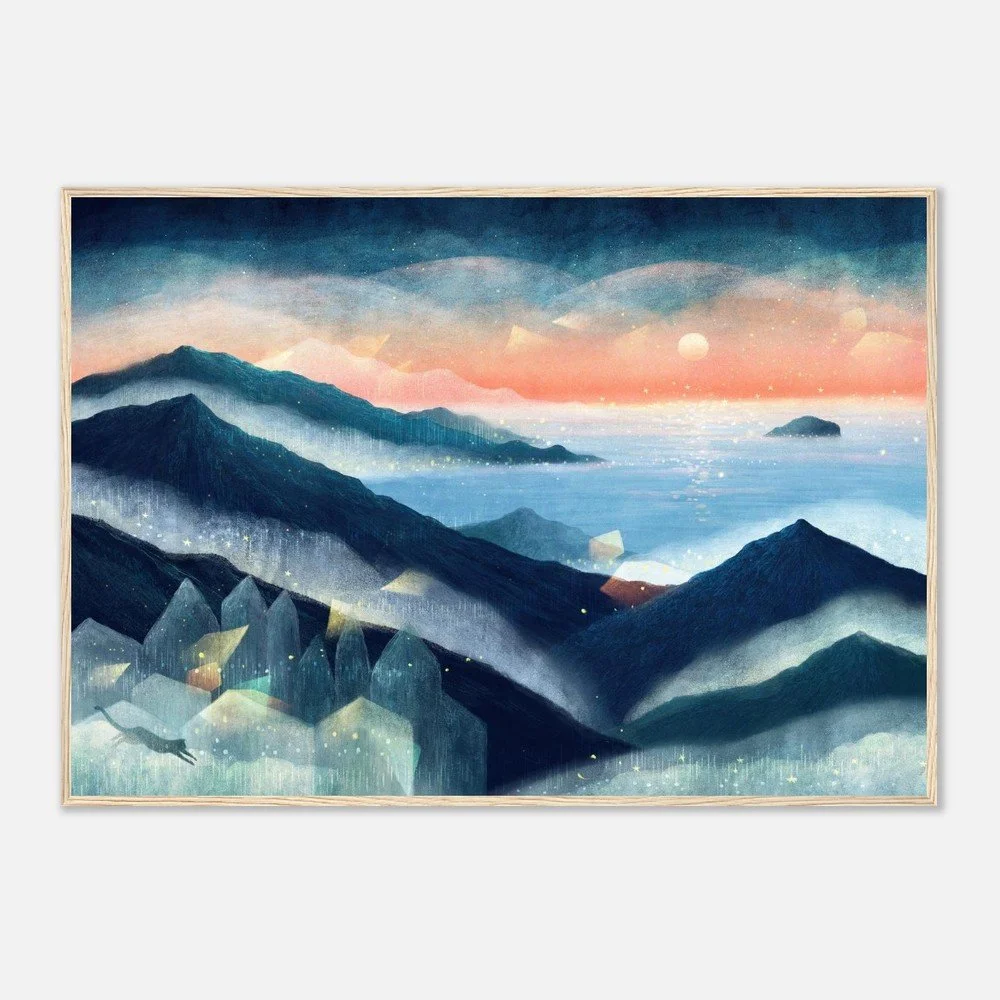 A layered mountain and sea landscape by Manting, with a sunset over the ocean, with multiple mountain ranges, some fog, and abstract geometric shapes in the foreground.