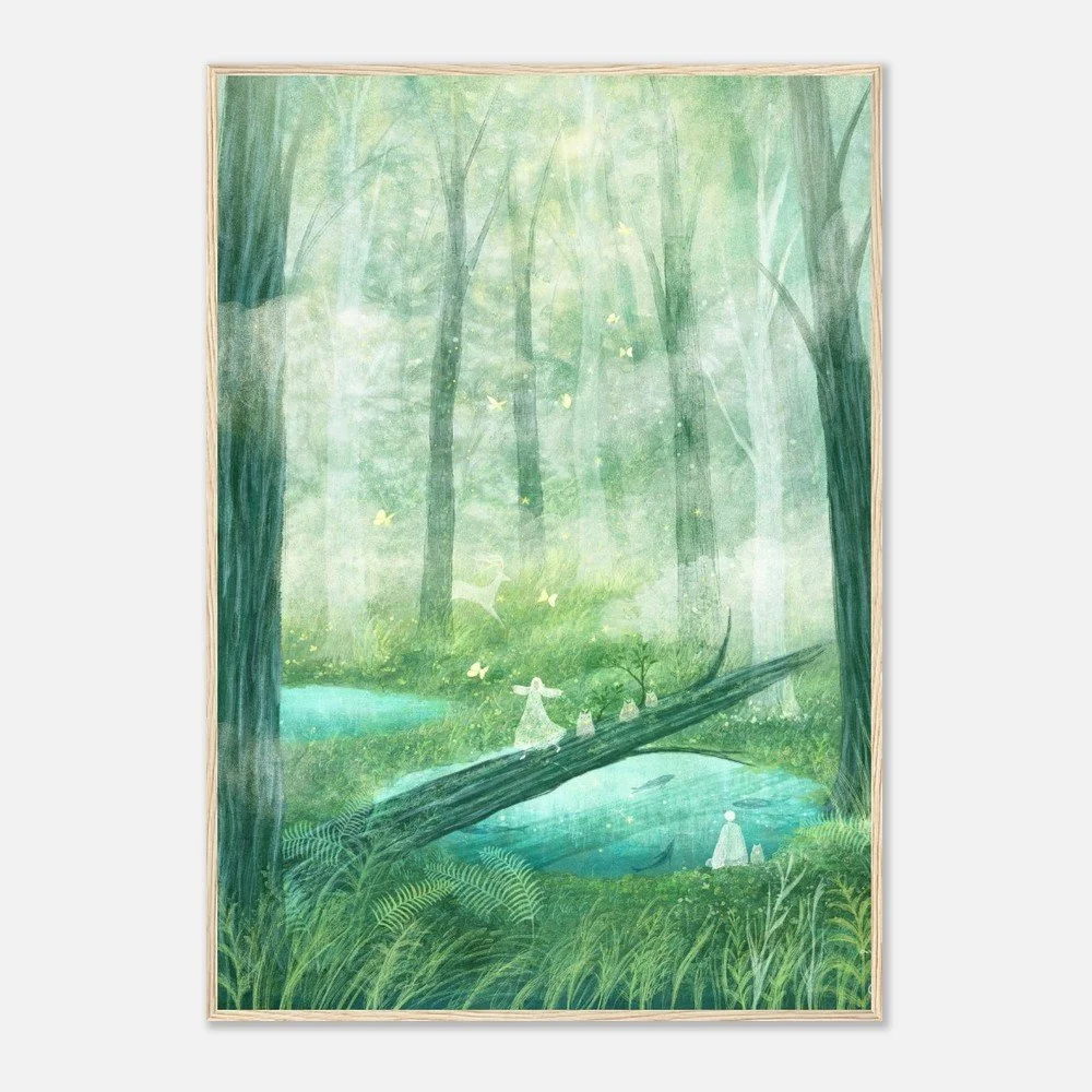 A quiet forest illustration by Manting, showing misty trees, flowing water, and a peaceful, storybook-like mood.