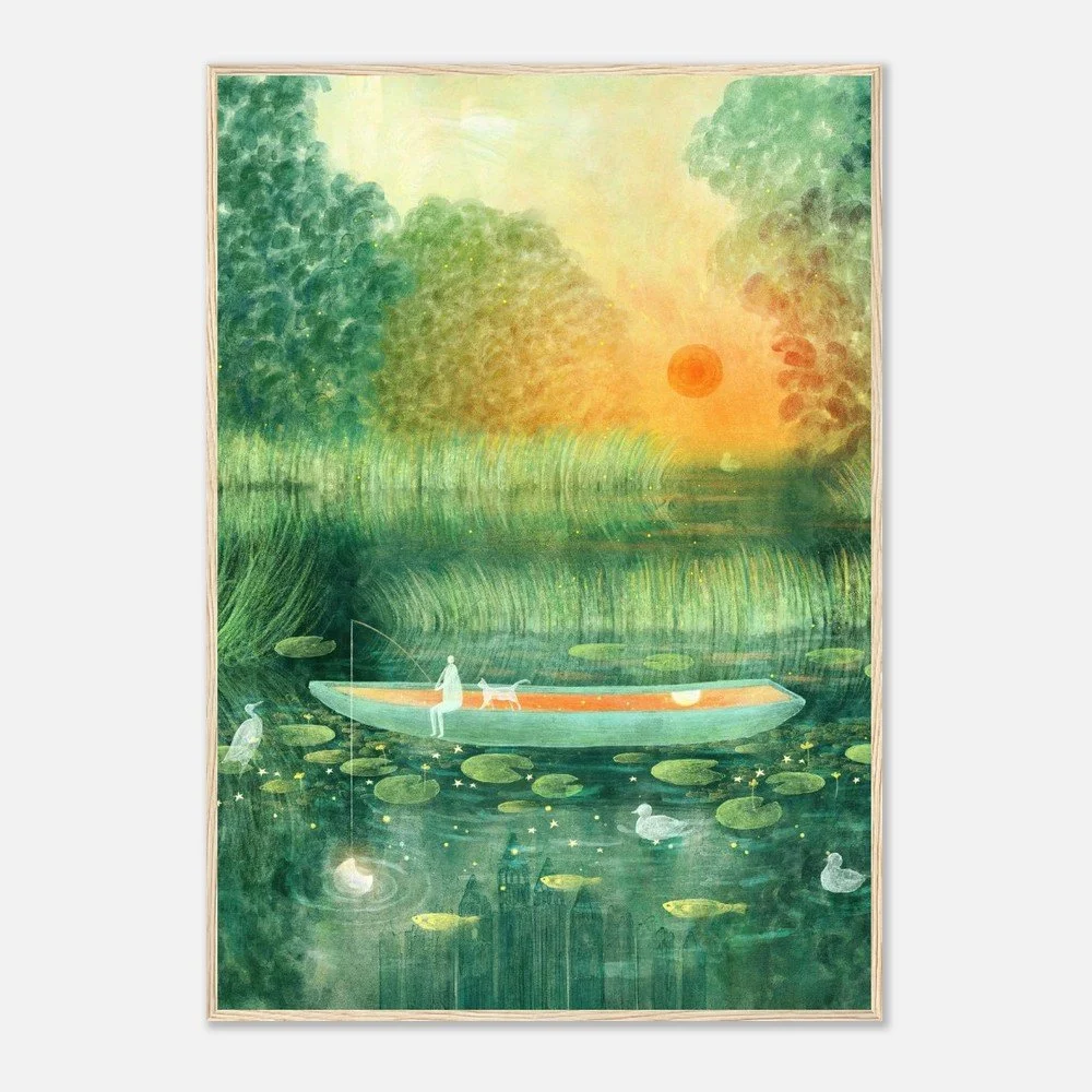A tranquil lakeside illustration by Manting, with a small boat floating among lily pads under a glowing sunset.