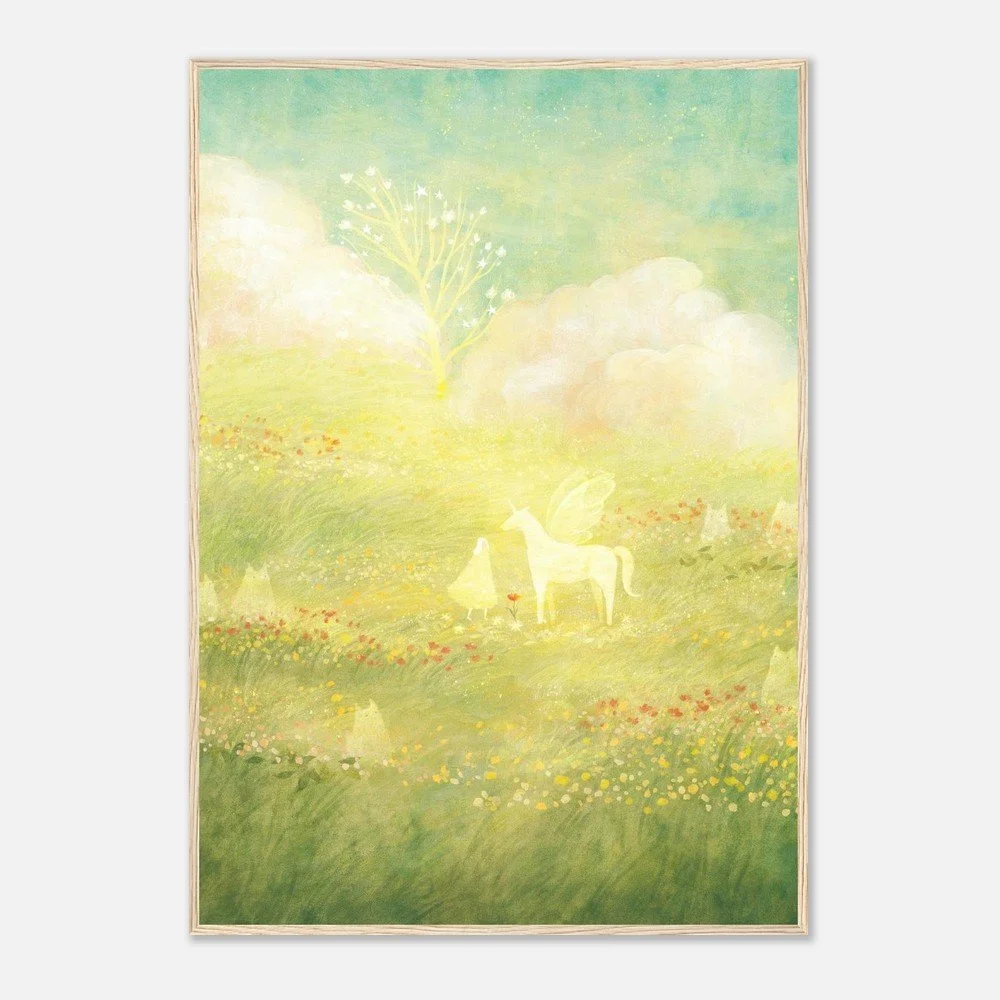 A soft, dreamlike meadow scene illustrated by Manting, with a white unicorn, trees, clouds, and a meadow with flowers.
