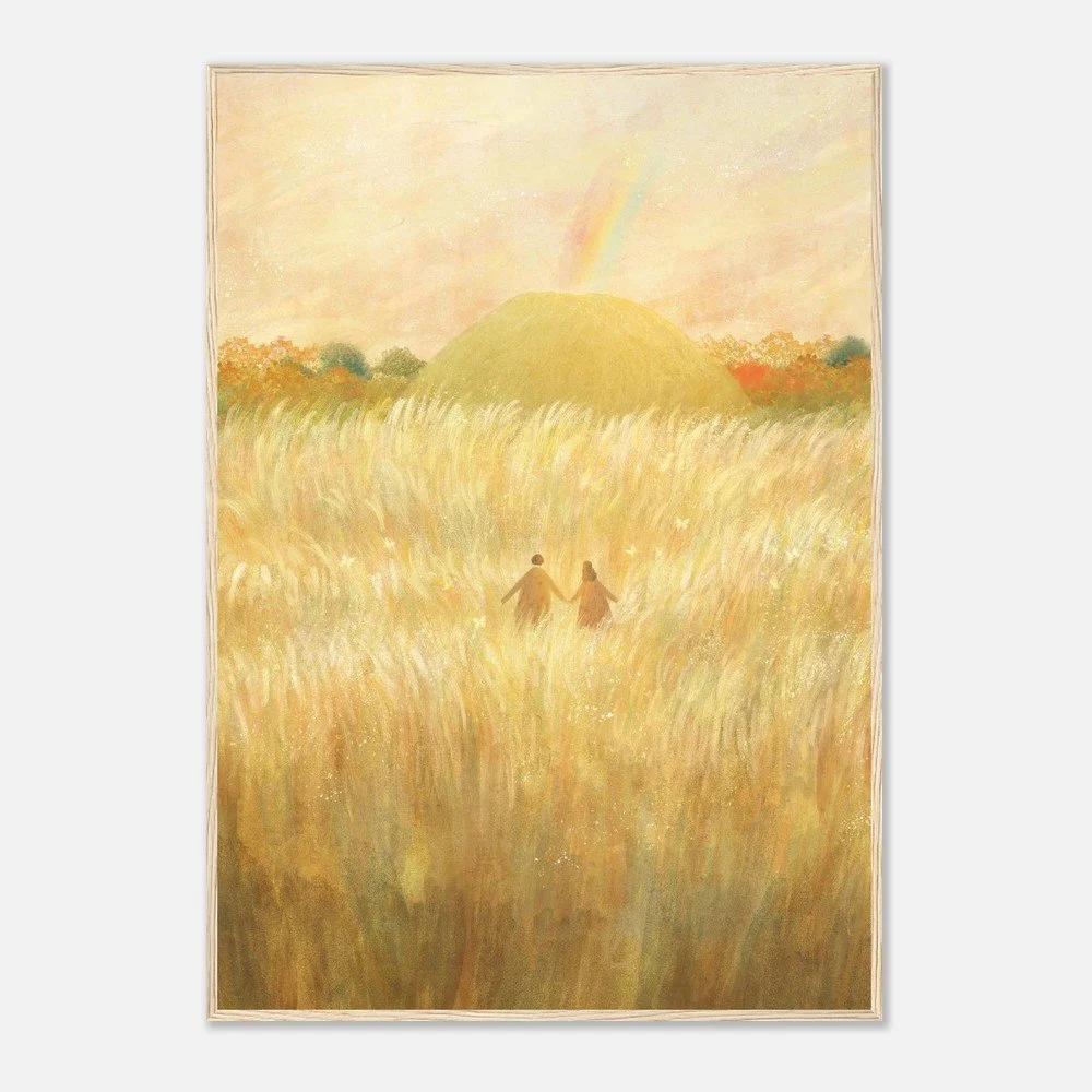 Warm pastoral illustration by Manting showing two figures walking through a golden field under soft light.