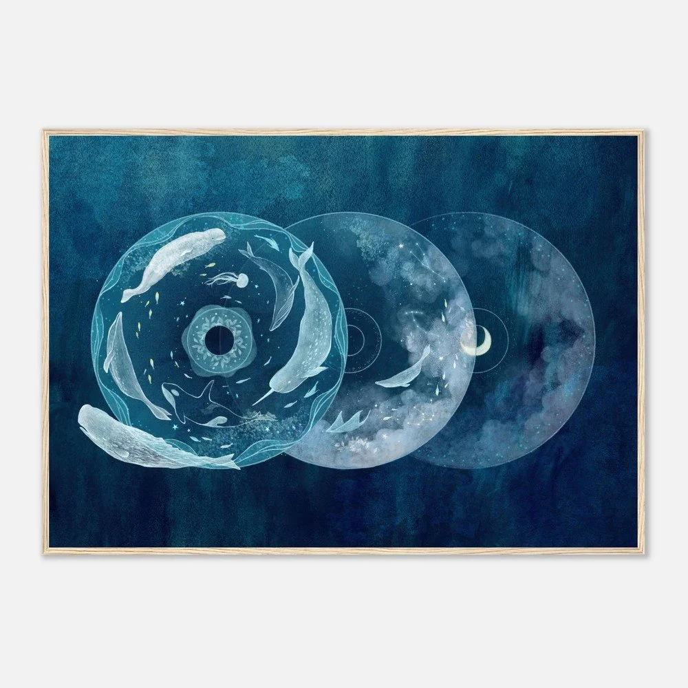 Abstract cosmic-style illustration by Manting with layered circular forms in dark blue and white.