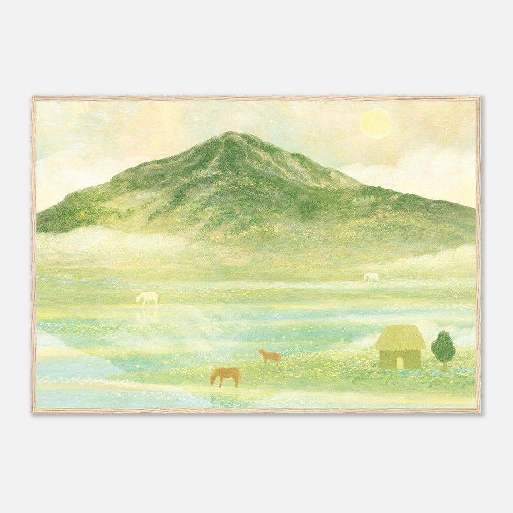 Soft landscape illustration by Manting, depicting a green mountain, fields, and gentle rural scenery.