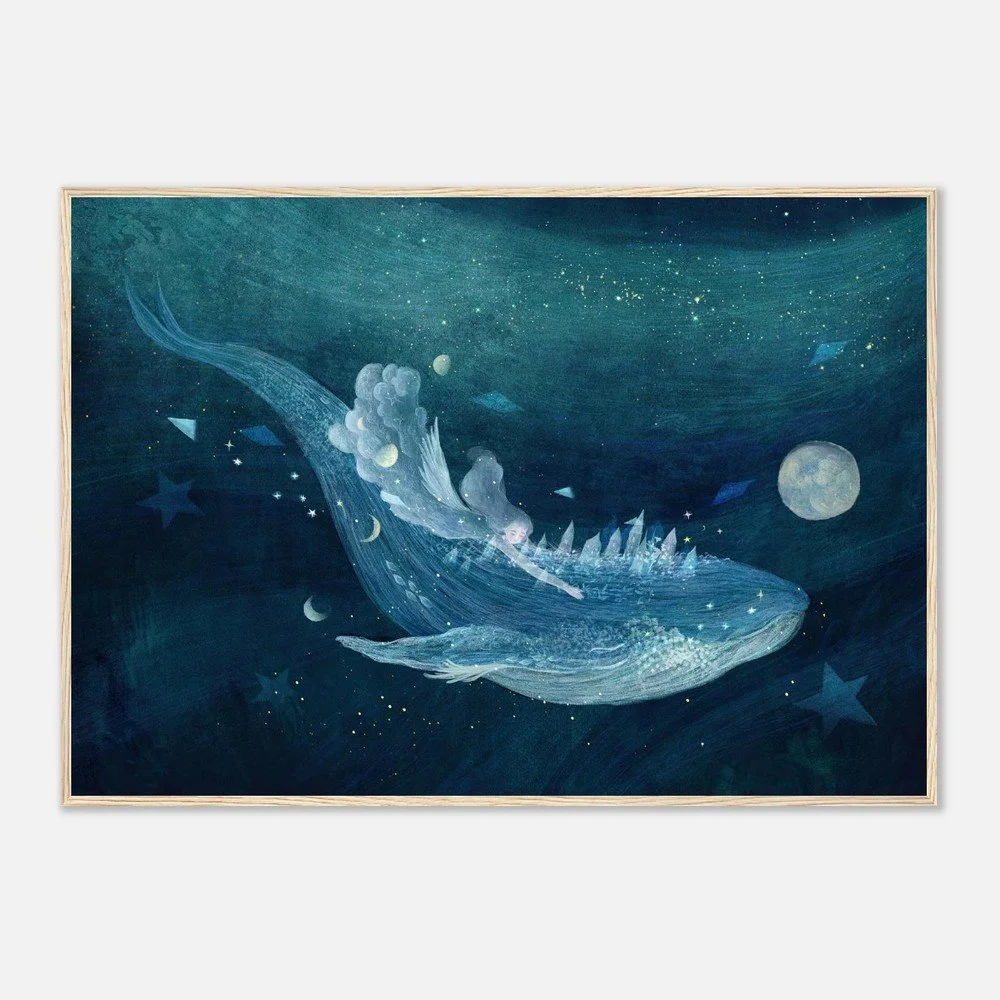 Dreamlike night illustration by Manting, featuring a floating whale and moon in deep blue tones.
