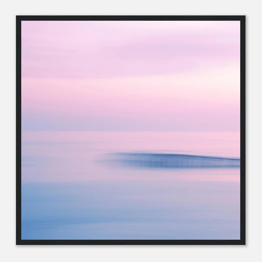 Abstract landscape painting with soft pink, purple, and blue tones and horizontal brushstrokes.