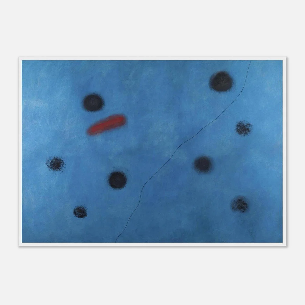 An abstract painting with a blue background, featuring seven black circular shapes, a red crest, and a thin black line crossing diagonally.
