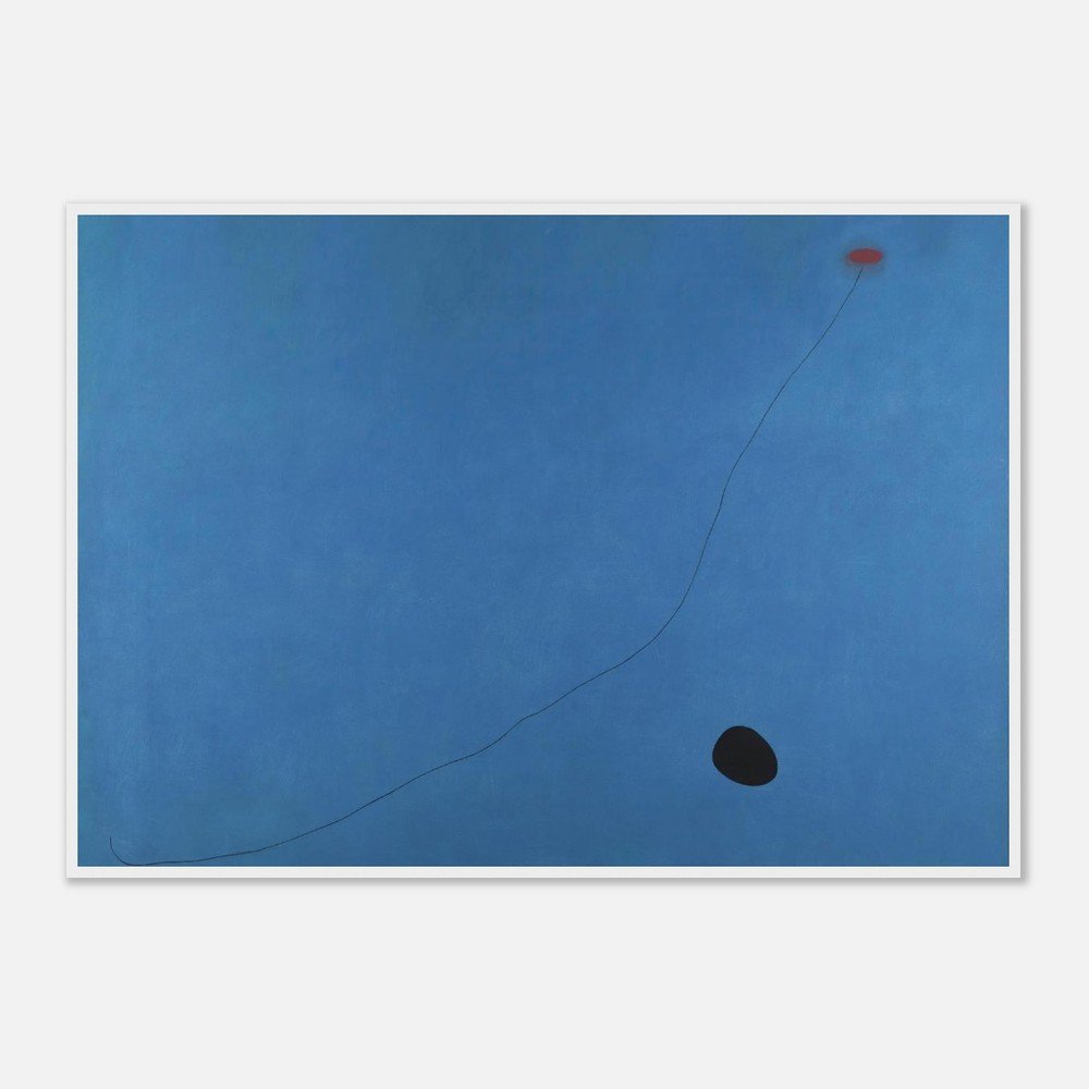 Abstract painting with a blue background, a small red circle near the top right, a thin black wavy line connecting the circles, and a black irregular shape near the bottom center.