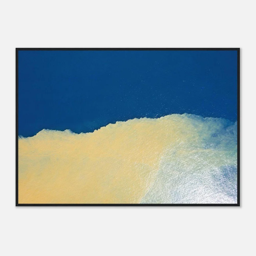 Abstract painting with a dark blue upper section and a large yellow lower section, separated by a jagged line.