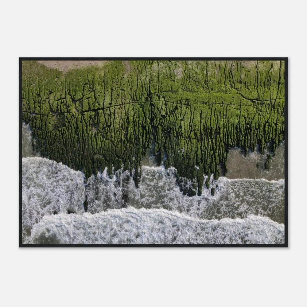 A framed aerial photograph of a shoreline with green mossy rocks and foamy ocean waves.