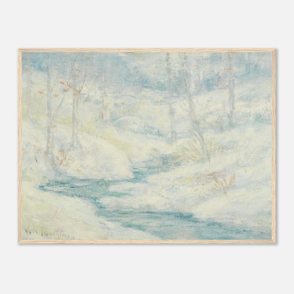 Misty river landscape by American Impressionist John Henry Twachtman, with pale winter light, soft brushwork, and a calm, atmospheric mood.