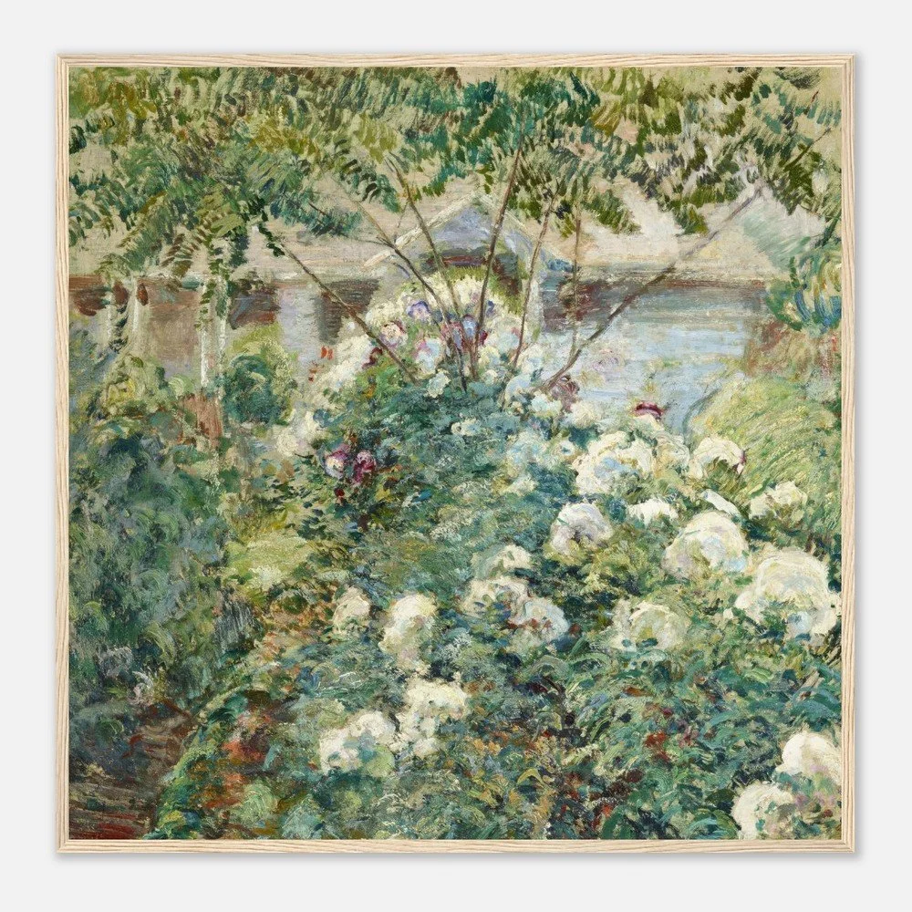 Garden scene by John Henry Twachtman featuring lush greenery, white flowers, and water in the background, painted in an impressionist style.