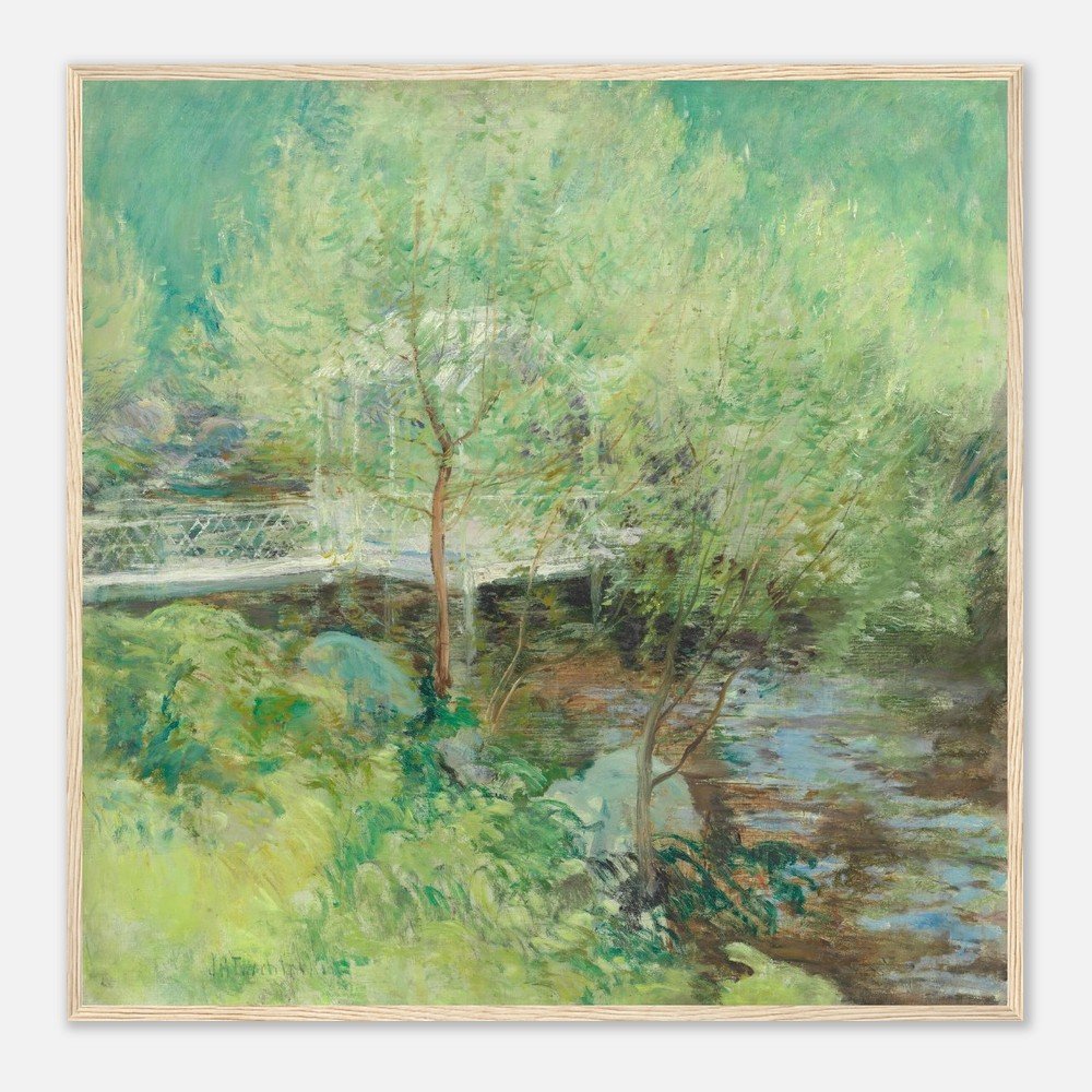 Impressionist park landscape by John Henry Twachtman with trees, water, and a small bridge, rendered in soft green tones and loose brushstrokes.
