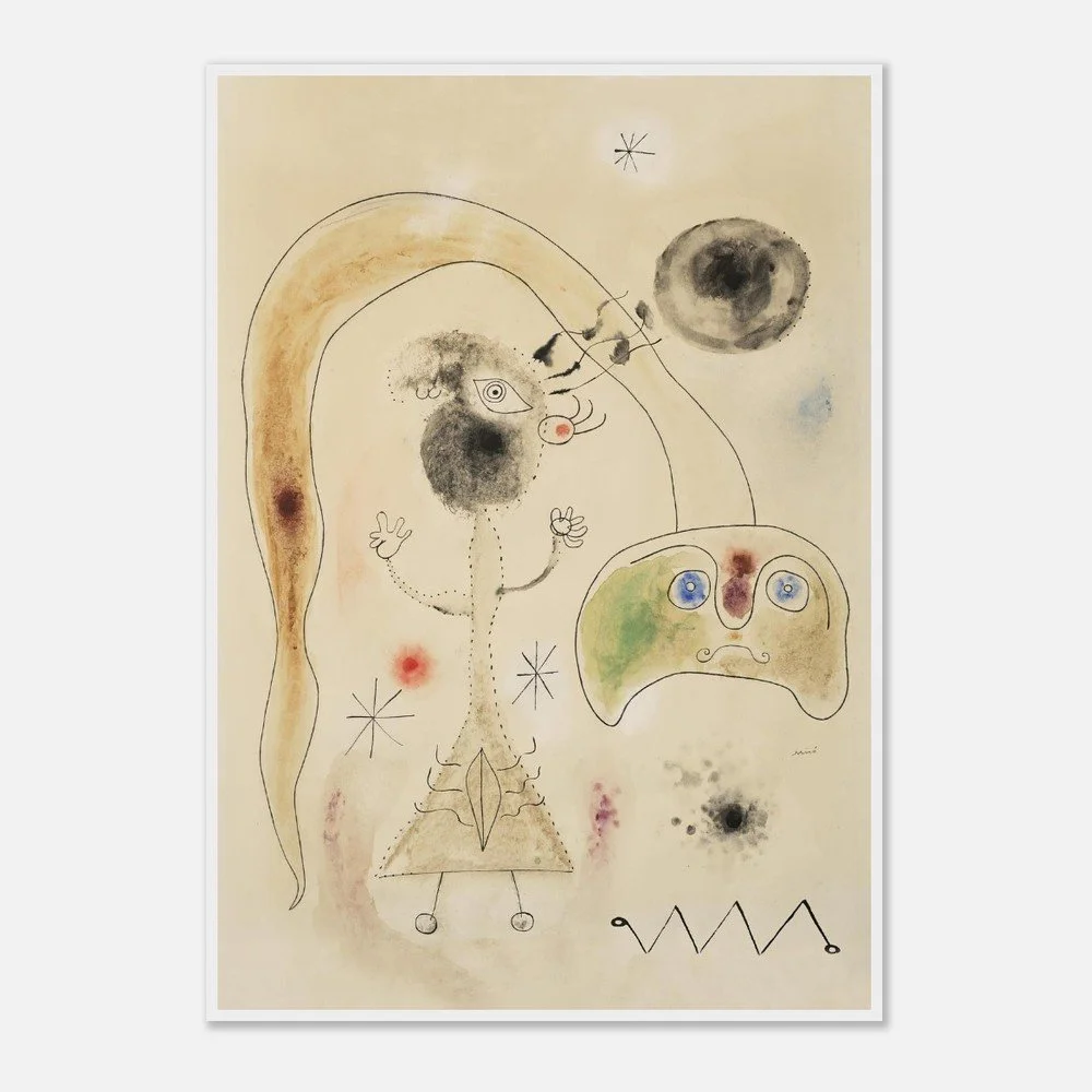 Abstract surrealist watercolor by Joan Miró featuring playful lines, symbolic faces, and soft pastel tones.