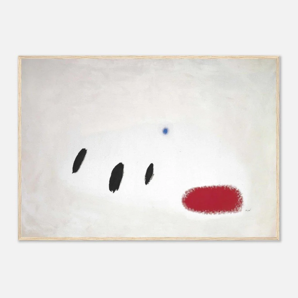 Minimal abstract artwork by Joan Miró with expressive black, blue, and red brushstrokes on a white background.