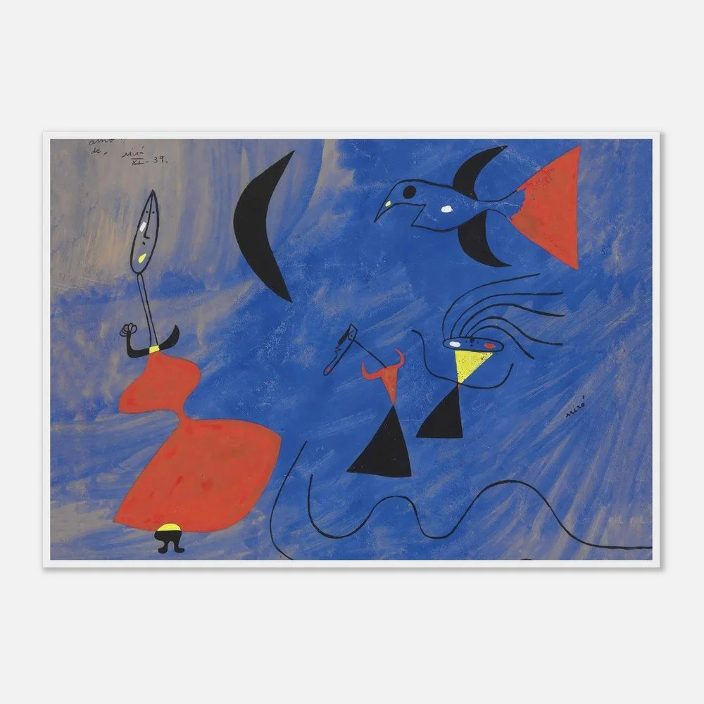 Joan Miró abstract painting on a blue background, with whimsical figures, animal-like forms, and symbolic shapes in primary colors.
