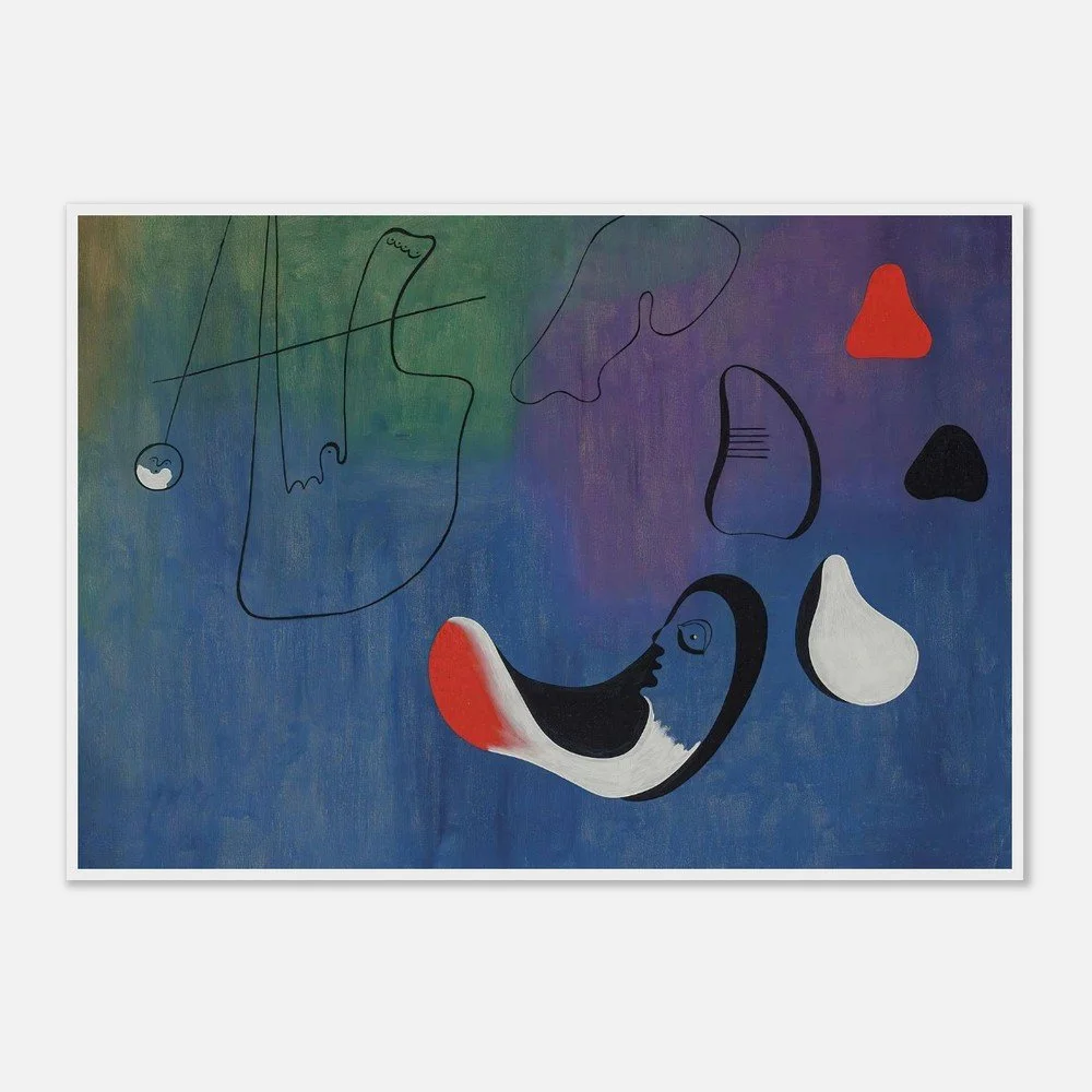 Joan Miró surreal abstract painting with symbolic shapes, lines, and face-like forms.
