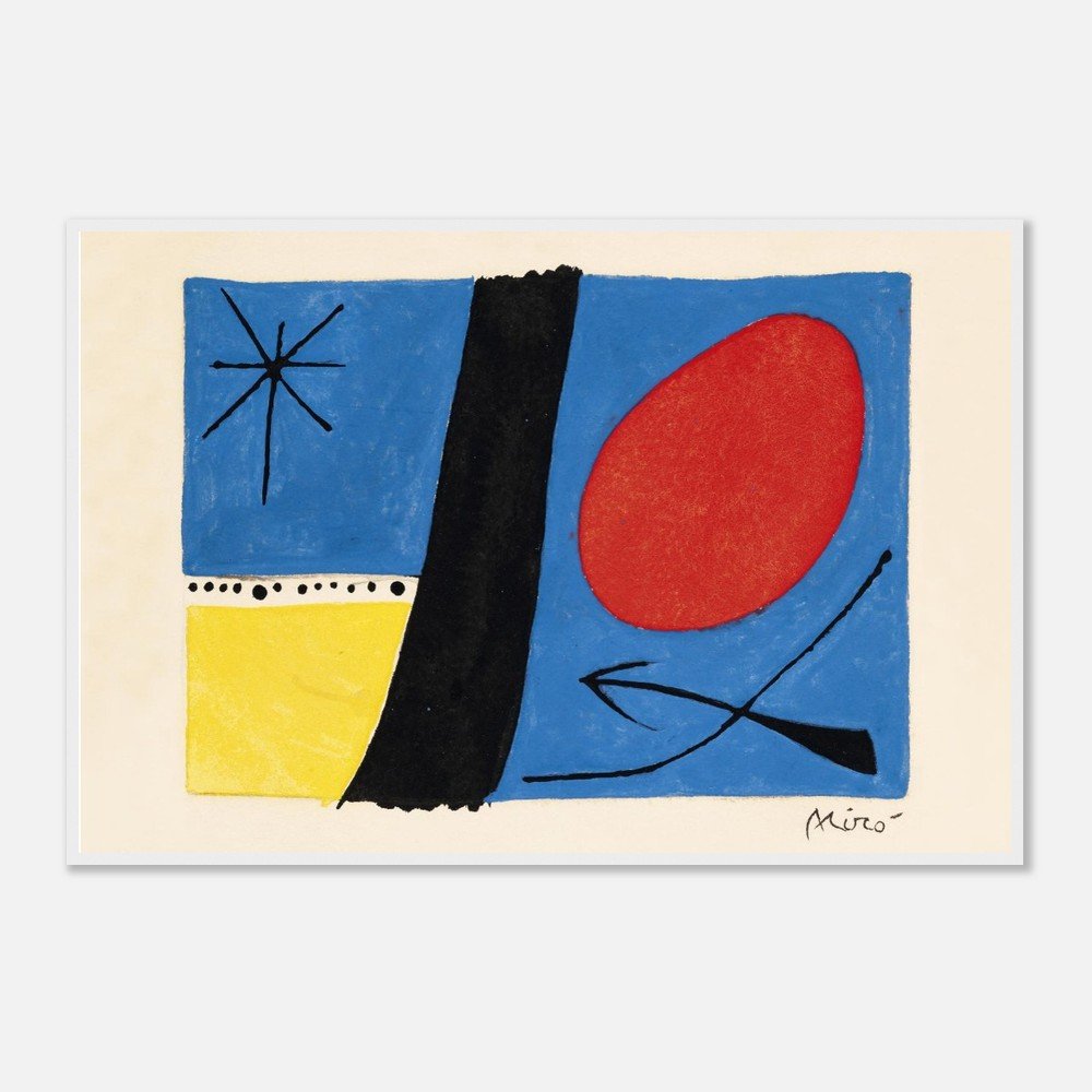 Joan Miró “Composition” art print featuring bold primary colors and playful, surreal lines.