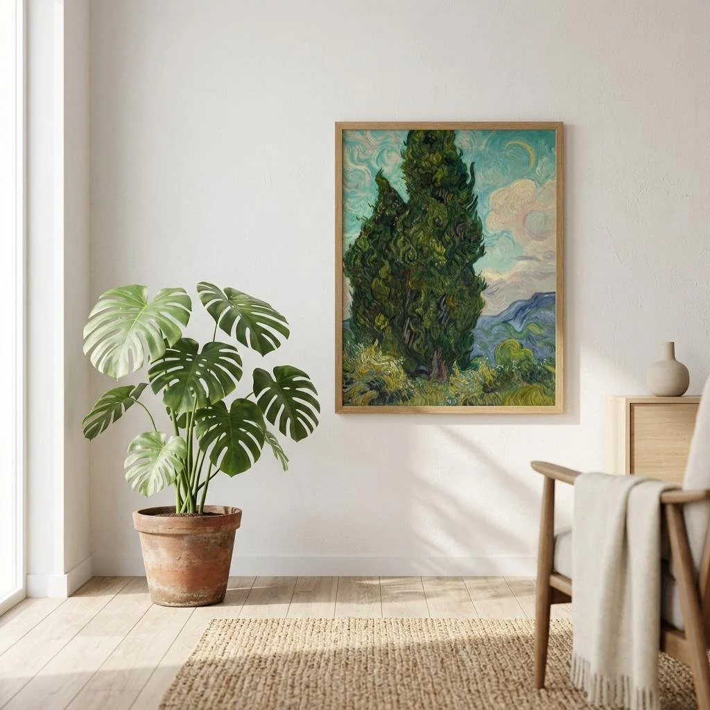 Cypresses by Vincent van Gogh, dynamic landscape poster print, featuring a clean full-bleed presentation for modern living spaces.