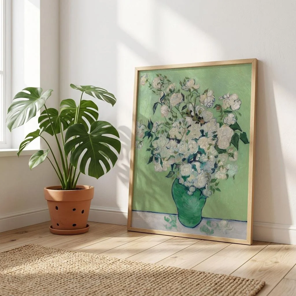 Roses by Vincent van Gogh, elegant green and white floral art print, museum-quality wall decor by Lighto Arts.