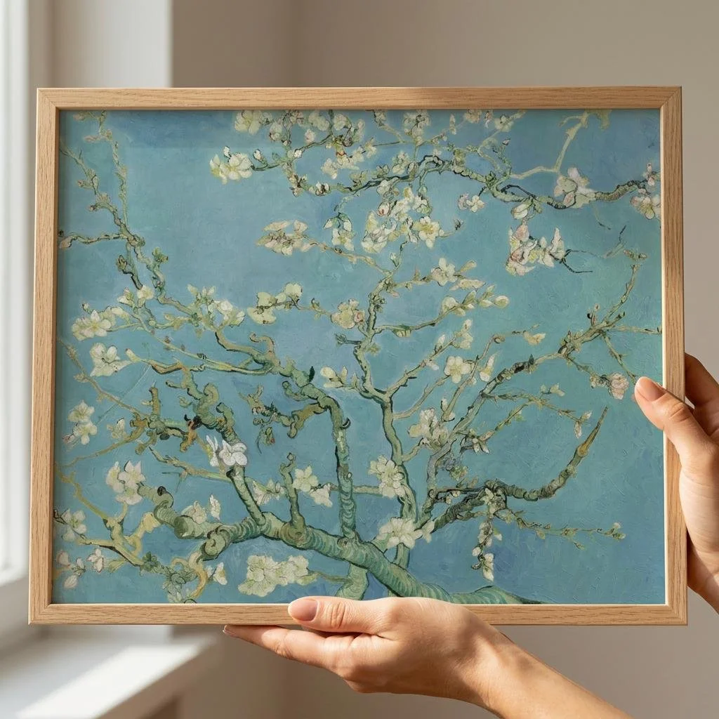 Vincent van Gogh Almond Blossom art print, serene blue and white full-bleed floral wall art in a modern light wood frame by Lighto Arts