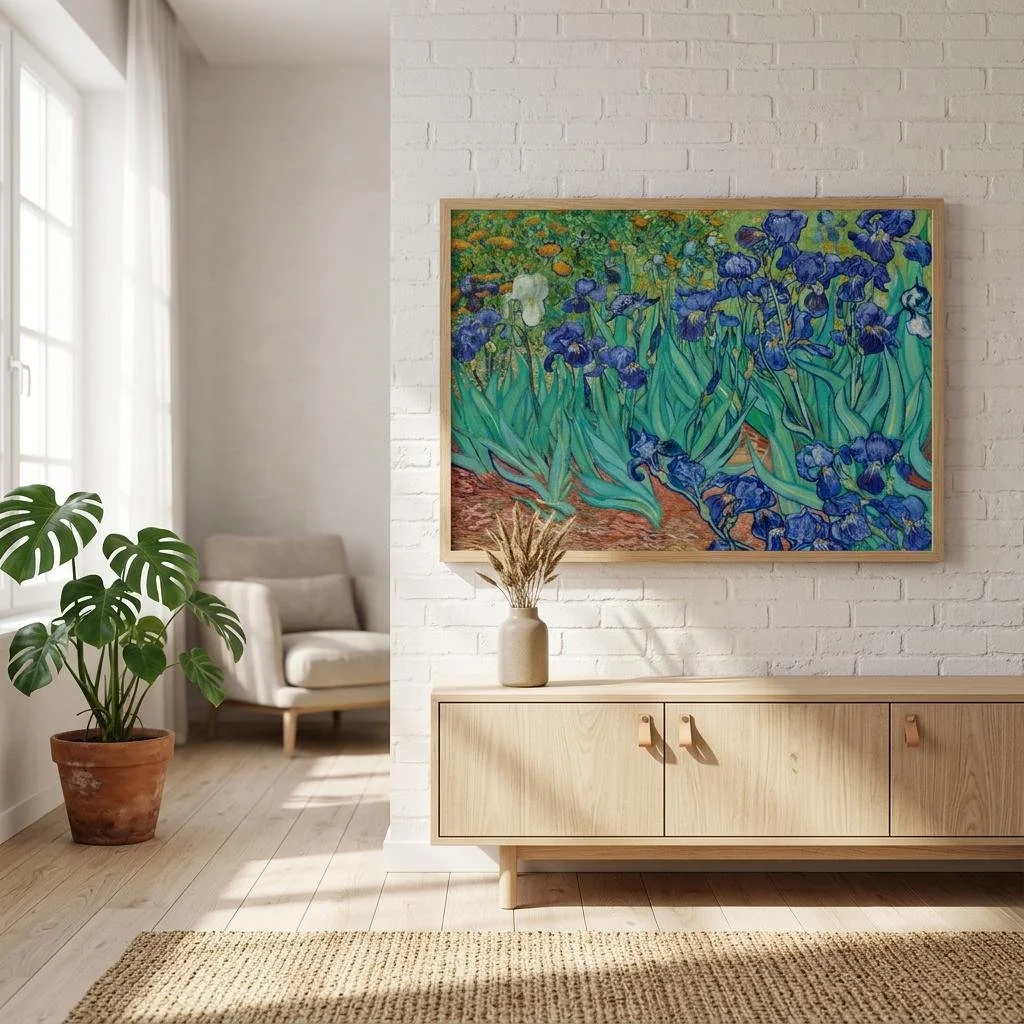 Oleanders by Vincent van Gogh, bright floral still life art print presented in a warm oak frame without white edges.