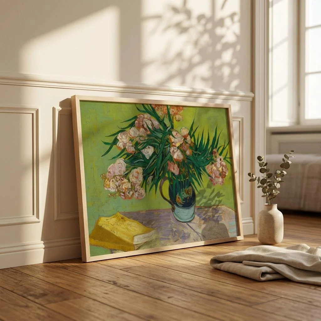 Roses by Vincent van Gogh, elegant green and white floral art print, museum-quality wall decor by Lighto Arts.