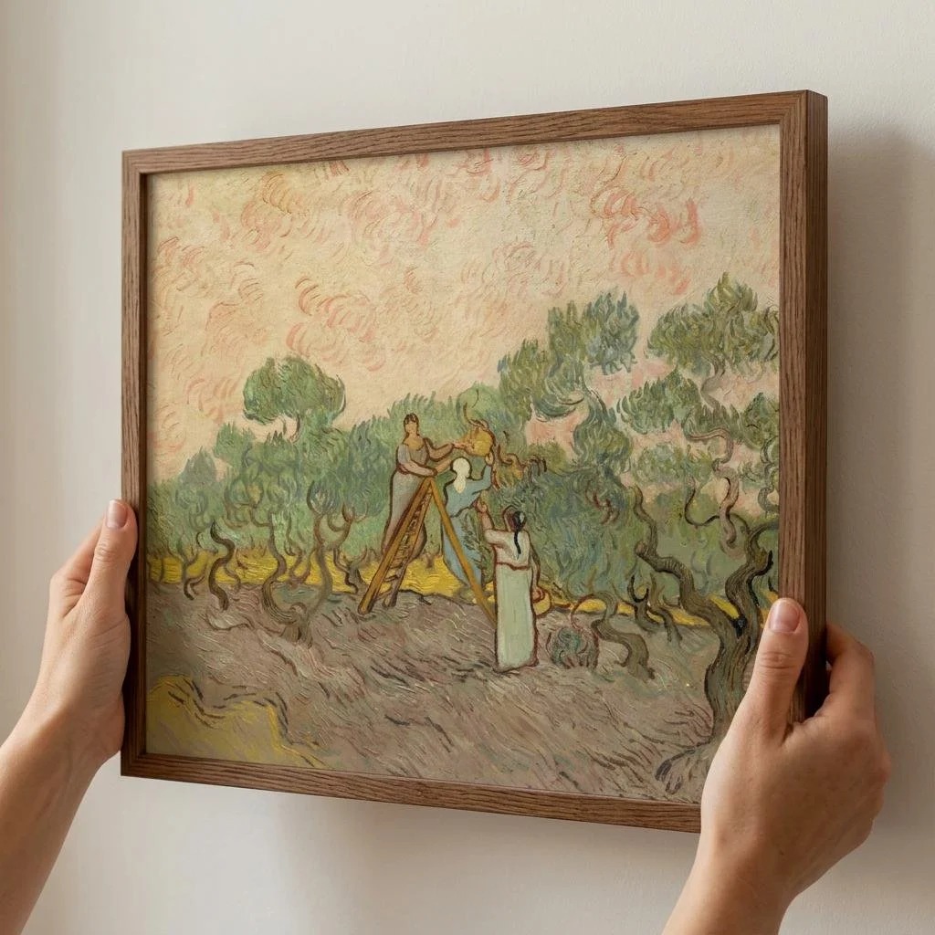 Women Picking Olives by Vincent van Gogh, expressive Post-Impressionist wall art print in an elegant, minimalist light wood frame.