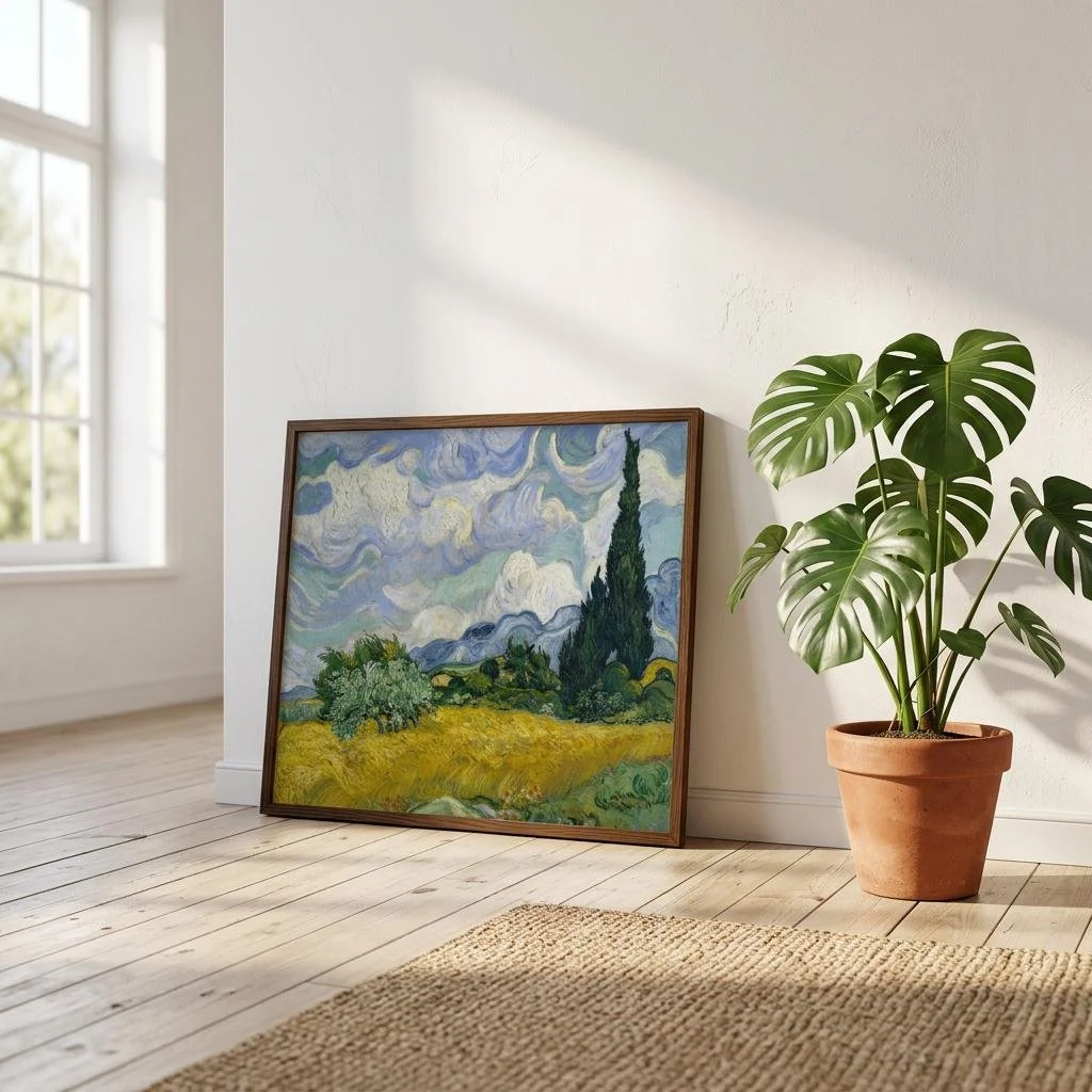 Wheat Field with Cypresses by Vincent van Gogh, premium museum-quality landscape art print displayed without white borders for contemporary interiors