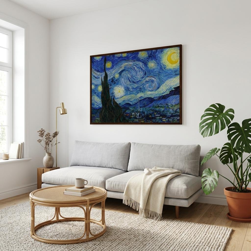 The Starry Night by Vincent van Gogh, iconic swirling night sky art print presented full-bleed in a minimalist light wood frame by Lighto Arts.