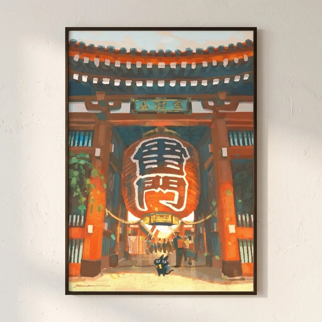 Boss Cat Visits Senso-ji Temple - Japan Streetscape Illustration | Nuomi