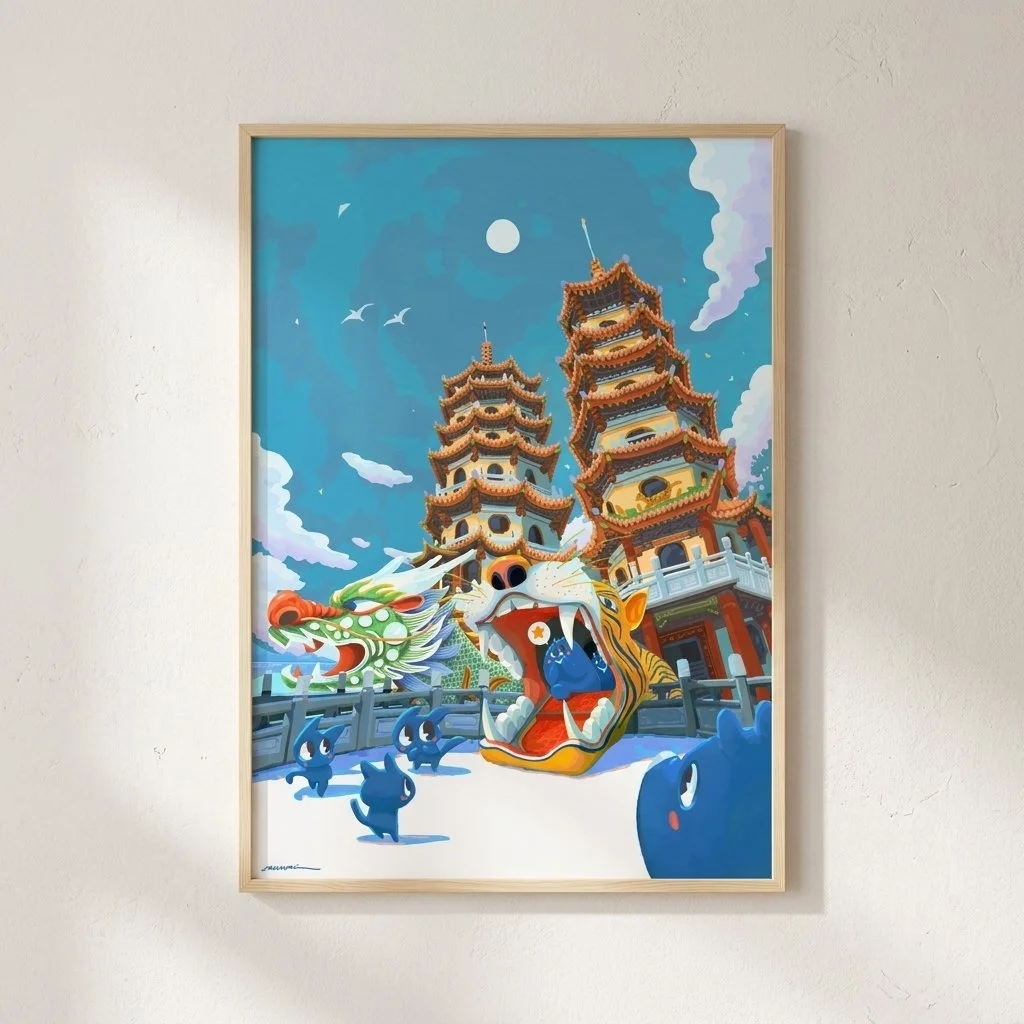 Dragon and Tiger Pagodas - Taiwan Streetscape Illustration | Nuomi