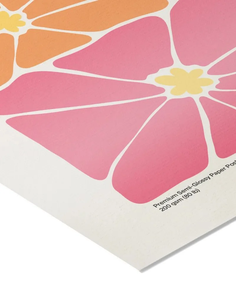 Close-up of a floral design on glossy paper, featuring pink, orange, and yellow petals, with text indicating it is premium semi-glossy paper.