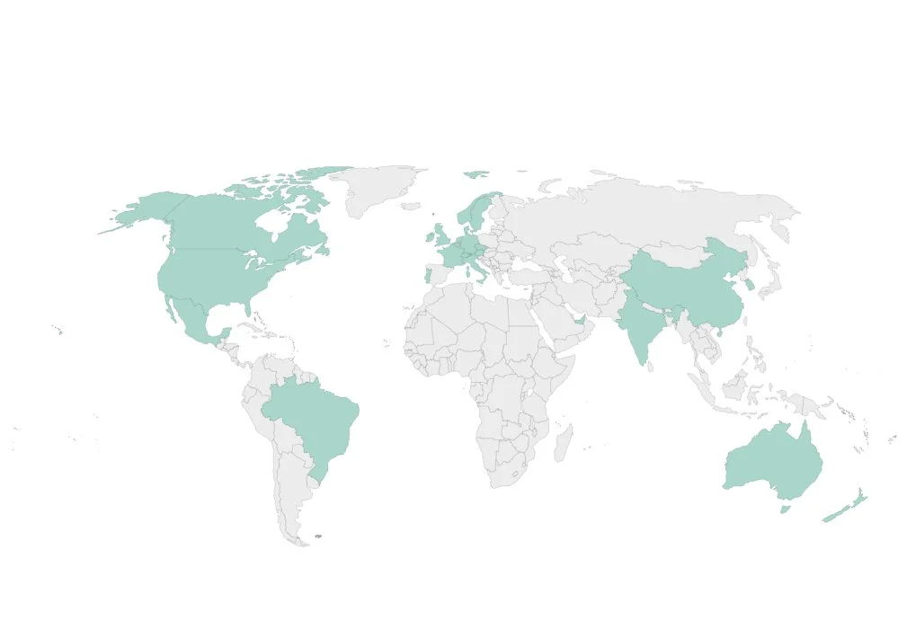 World map highlighting certain countries in light teal color.