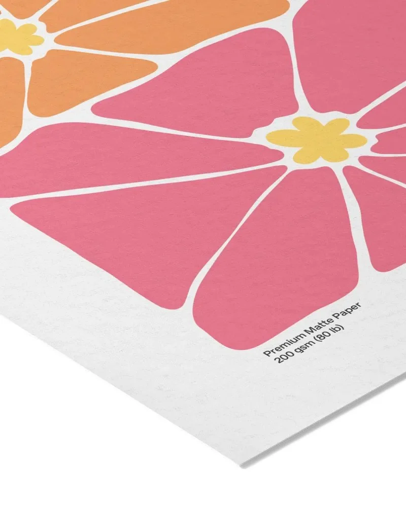 Close-up of decorative paper with pink, orange, and yellow floral design, labeled as premium matte paper, 200 gsm (80 lb).