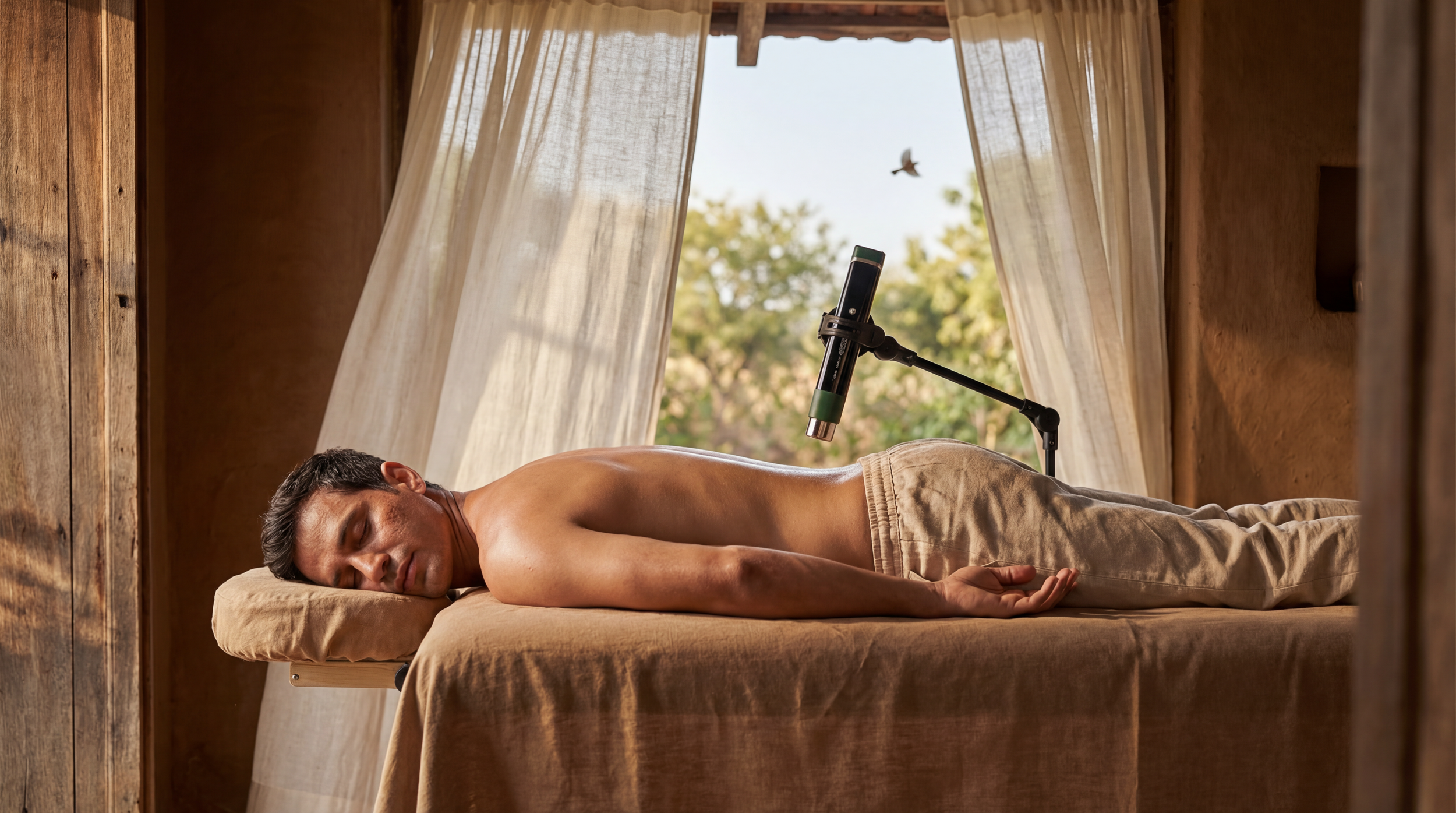 OlyLife Vitality Wand used on spine while lying down on bed.