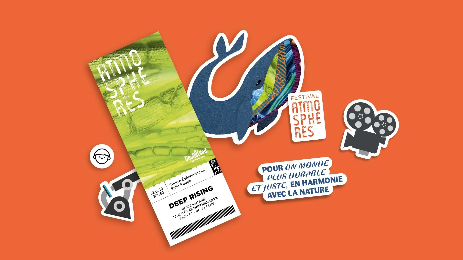 Stickers et ticket Festival Atmosphères océans cinéma Émilie Broquet