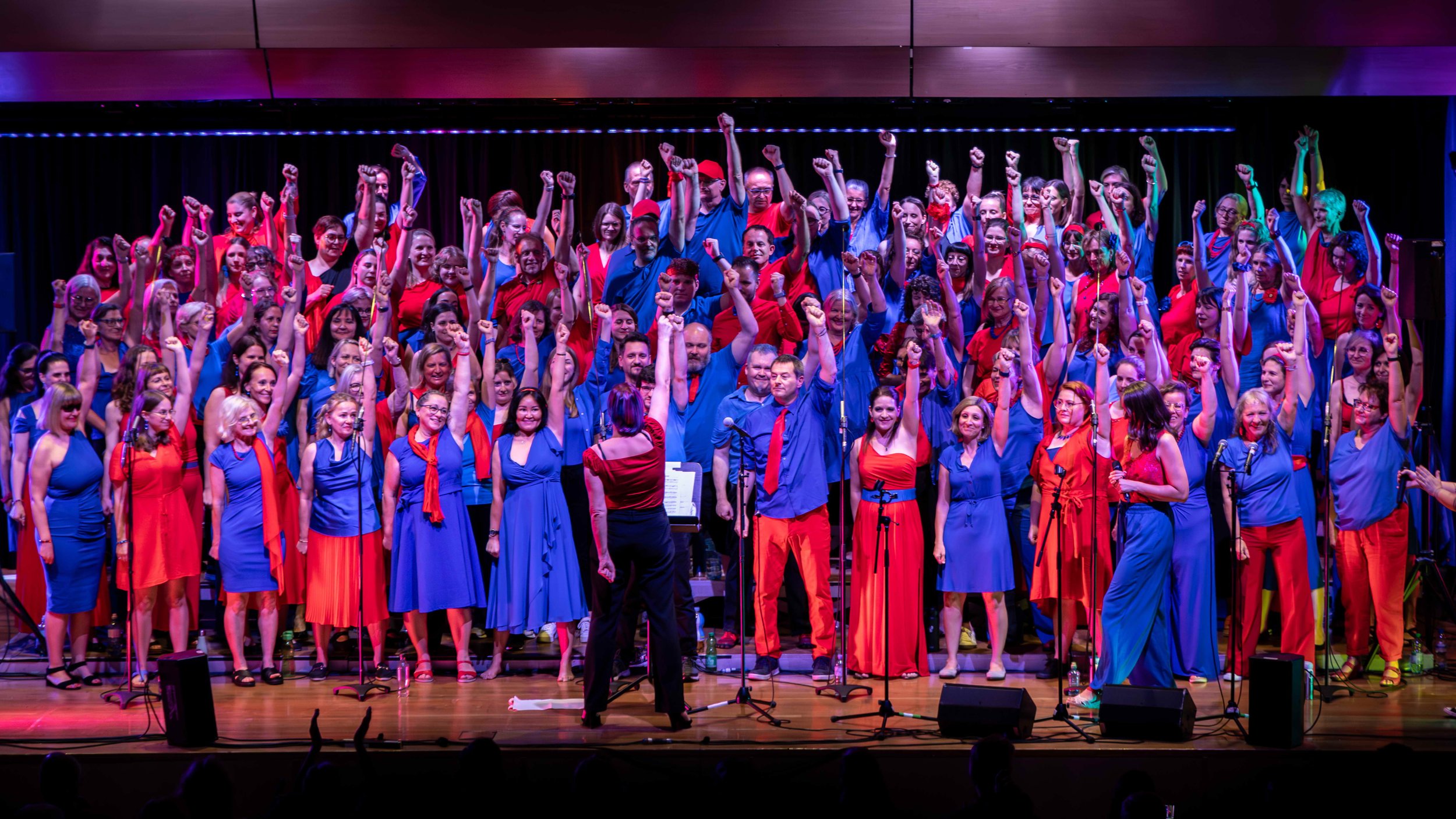 Chor auf einer Bühne, alle in Rot und Blau gekleidet, feiert mit erhobenen Fäusten, vorne eine Leiterin und ein Leiter mit Musiknoten, im Hintergrund schwarze Vorhänge.