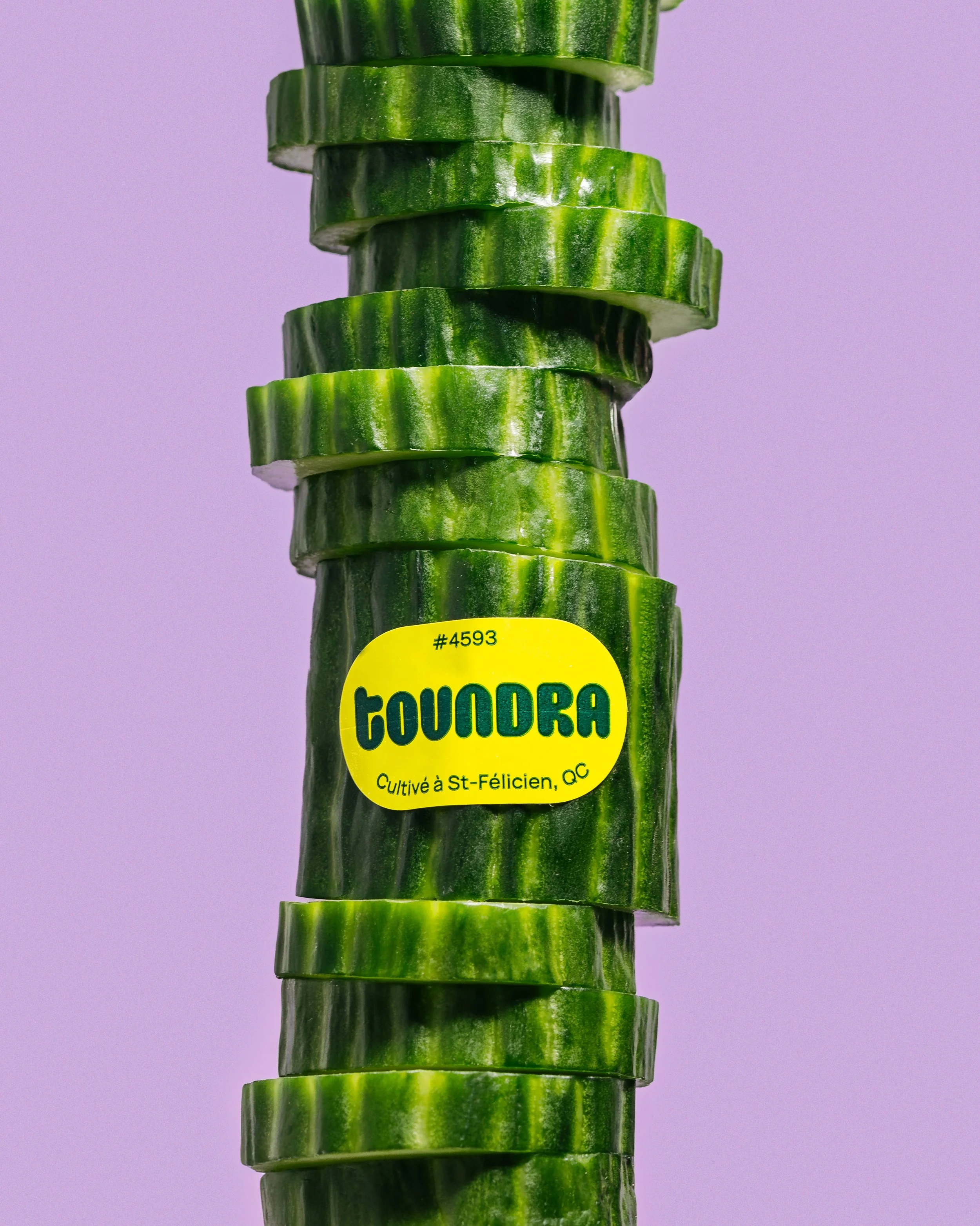 Stacked slices of green cucumber with a yellow sticker reading 'GOUNDRA' and additional text in French.