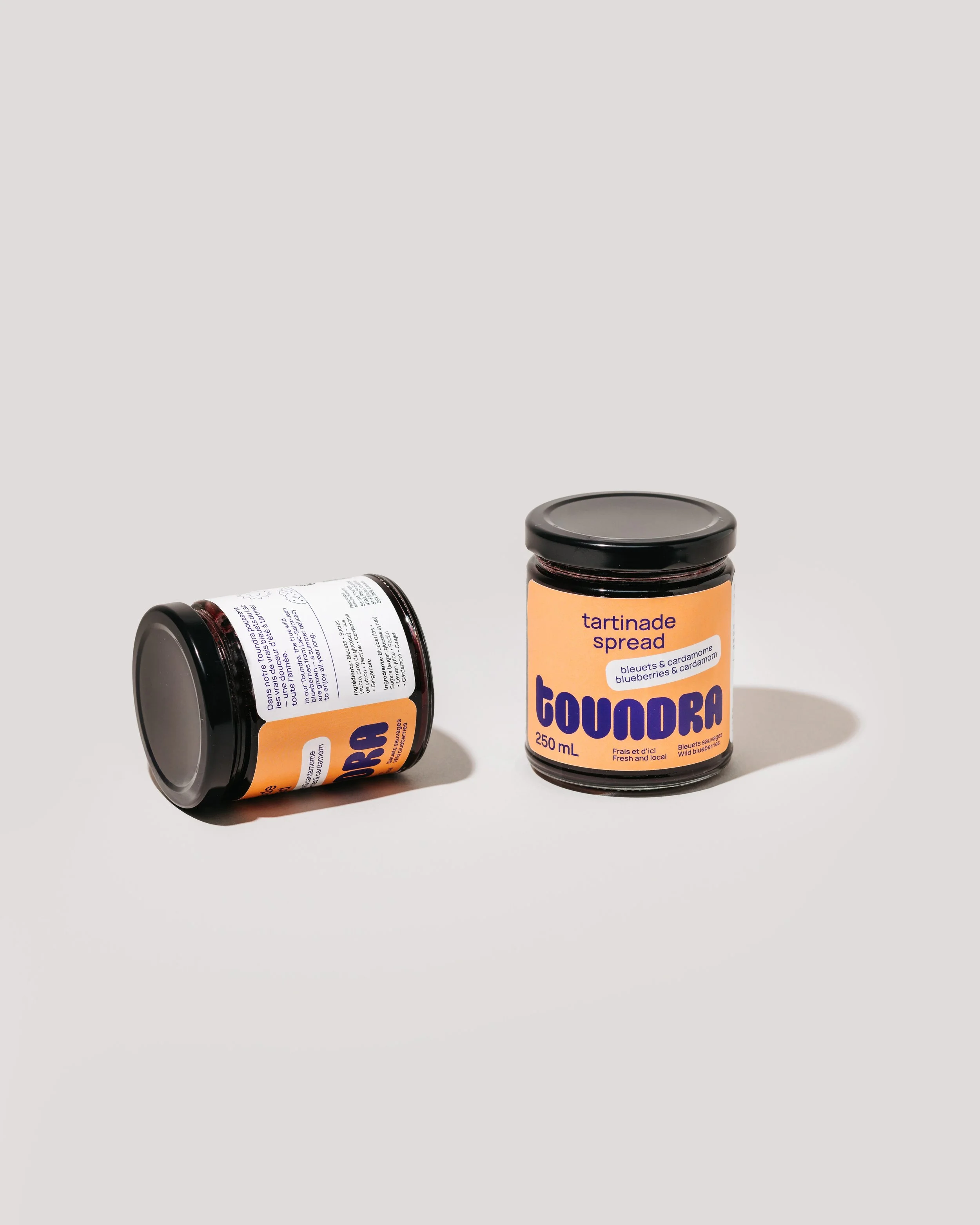Two jars of spread on a white surface, one standing upright, the other lying down. The jars are labeled 'toundra' with an orange and purple design, and contain tartinade spread with blueberries and cardamom.